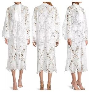 La Vie Style House Lace and Eyelet Caftan Midi-Dress White